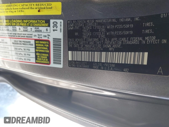 2017 Toyota Sienna SE with VIN 5TDXZ3DC0HS820274, listed as a IAAI auction lot 41272478 with 153,298 mi miles and . Bid and sale history available at DreamBid. Image 9.