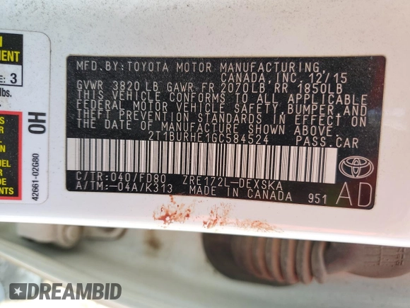 2016 Toyota Corolla L z VIN 2T1BURHE1GC584524, wystawiony jako Copart lot #59516345 z przebiegiem Nie podano mil oraz Szkoda całkowita • Salvage title. Historia ofert i sprzedaży dostępna na DreamBid. Obrazek 13.