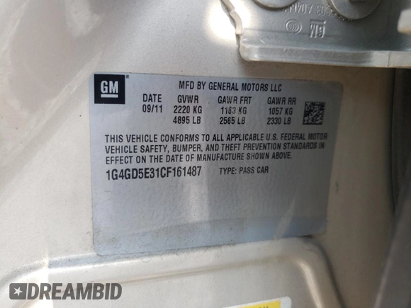 2012 Buick LaCrosse Premium 1 with VIN 1G4GD5E31CF161487, listed as a Copart auction lot 59626565 with 99,645 mi miles and Non repairable. Bid and sale history available at DreamBid. Image 12.
