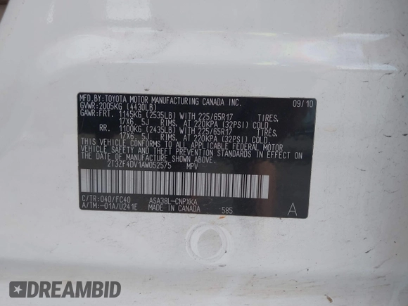 2010 Toyota RAV4 with VIN 2T3ZF4DV1AW052575, listed as a IAAI auction lot 42261889 with 259,315 mi miles and . Bid and sale history available at DreamBid. Image 9.