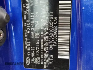 2012 Hyundai Veloster w/Black Int with VIN KMHTC6AD1CU054618, listed as a Copart auction lot 54015373 with 82,443 mi miles and Salvage title. Bid and sale history available at DreamBid. Image 13.