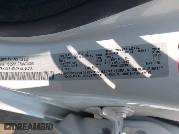 2022 Ram 1500 Rebel with VIN 1C6SRFLT5NN318494, listed as a IAAI auction lot 42413194 with 59,458 mi miles and . Bid and sale history available at DreamBid. Image 9.