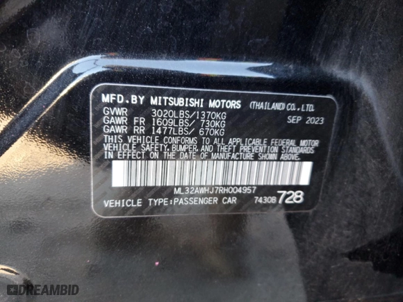 2024 Mitsubishi Mirage Black Edition with VIN ML32AWHJ7RH004957, listed as a Copart auction lot 84560744 with 20819 miles and Salvage Title. Bid and sale history available at carsss.com. Image 13.