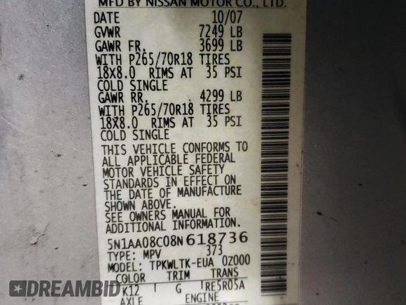 2008 Nissan Armada SE z VIN 5N1AA08C08N618736, wystawiony jako Copart lot #49589795 z przebiegiem 195 002 mil mil oraz Szkoda całkowita • Salvage title. Historia ofert i sprzedaży dostępna na DreamBid. Obrazek 13.