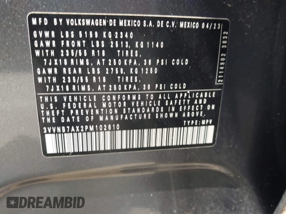 2023 Volkswagen Tiguan SE с VIN 3VVNB7AX2PM102610, выставлен на аукционе IAAI как лот 42329968 с пробегом 29 997 миль миль и . История ставок и продаж доступна на DreamBid. Изображение 9.