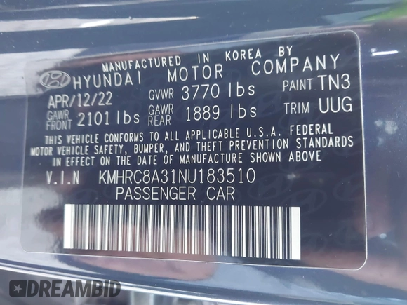 2022 Hyundai Venue SEL with VIN KMHRC8A31NU183510, listed as a IAAI auction lot 41861860 with 80,313 mi miles and . Bid and sale history available at DreamBid. Image 9.