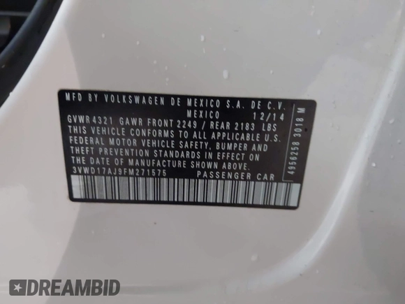2015 Volkswagen Jetta SE с VIN 3VWD17AJ9FM271575, выставлен на аукционе IAAI как лот 42198458 с пробегом 122 161 миль миль и . История ставок и продаж доступна на DreamBid. Изображение 9.