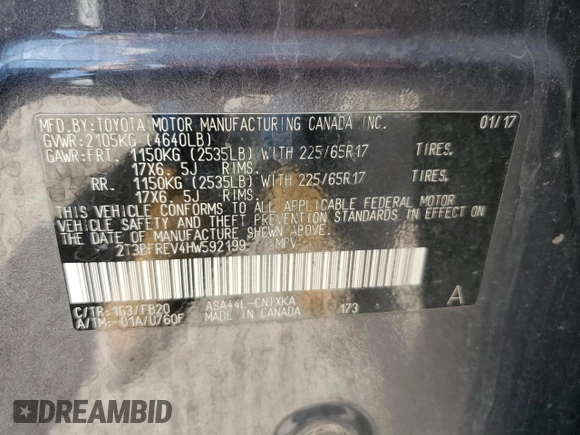 2017 Toyota RAV4 LE with VIN 2T3BFREV4HW592199, listed as a Copart auction lot 58538915 with 137,964 mi miles and Salvage title. Bid and sale history available at DreamBid. Image 12.