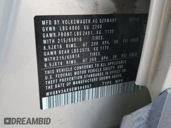 2014 Volkswagen Tiguan S z VIN WVGBV3AX8EW594957, wystawiony jako Copart lot #54565655 z przebiegiem 81 569 mil mil oraz Szkoda całkowita • Salvage title. Historia ofert i sprzedaży dostępna na DreamBid. Obrazek 14.