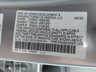 2024 Honda Accord Sport with VIN 1HGCY2F51RA007441, listed as a IAAI auction lot 42263568 with 33,854 mi miles and . Bid and sale history available at DreamBid. Image 9.