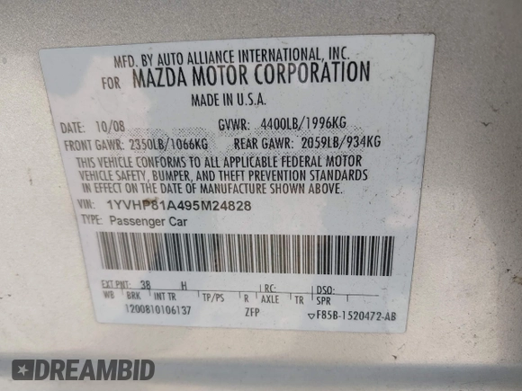 2009 Mazda 6 i Sport with VIN 1YVHP81A495M24828, listed as a IAAI auction lot 41722148 with 156,095 mi miles and . Bid and sale history available at carsss.com. Image 9.