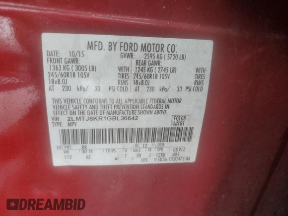 2016 Lincoln MKX Select z VIN 2LMTJ8KR1GBL36642, wystawiony jako Copart lot #52174735 z przebiegiem 107 827 mil mil oraz Szkoda całkowita • Salvage title. Historia ofert i sprzedaży dostępna na DreamBid. Obrazek 12.