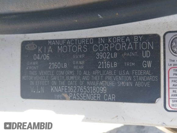 2006 Kia Spectra with VIN KNAFE162765318099, listed as a IAAI auction lot 41890796 with 241,431 mi miles. Bid and sale history available at carsss.com. Image 9.