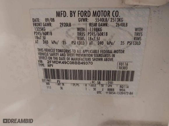 2008 Ford Edge Limited with VIN 2FMDK49C08BB49370, listed as a IAAI auction lot 41539489 with 267,722 mi miles. Bid and sale history available at carsss.com. Image 9.