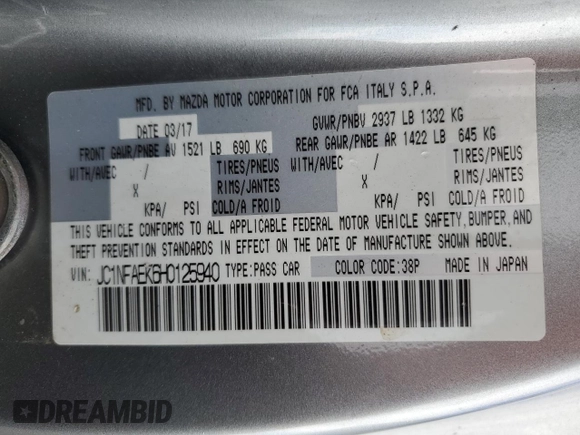 2017 FIAT 124 Spider Elaborazione Abarth z VIN JC1NFAEK6H0125940, wystawiony jako Copart lot #73291144 z przebiegiem 40 492 mil mil oraz Szkoda całkowita • Salvage title. Historia ofert i sprzedaży dostępna na DreamBid. Obrazek 12.