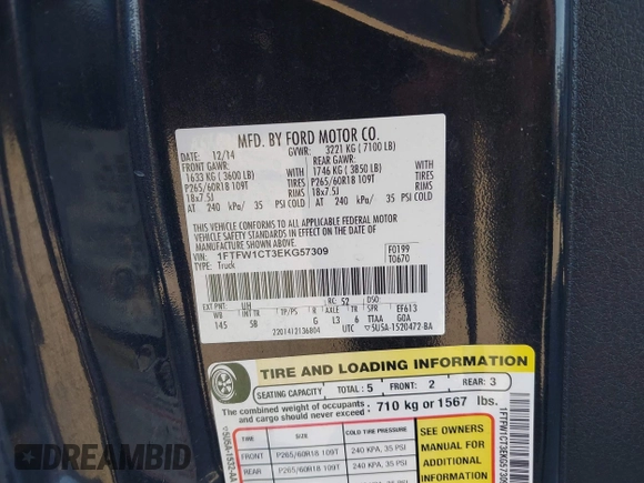2014 Ford F-150 XL with VIN 1FTFW1CT3EKG57309, listed as a IAAI auction lot 41237634 with 171,391 mi miles and . Bid and sale history available at DreamBid. Image 9.