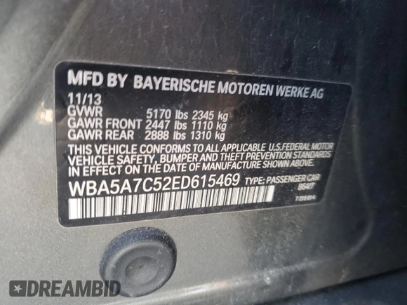 2014 BMW 5 Series 528i xDrive with VIN WBA5A7C52ED615469, listed as a Copart auction lot 47064555 with 116,566 mi miles and Clean Title. Bid and sale history available at DreamBid. Image 12.