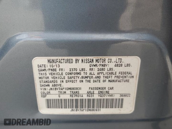 2014 Infiniti Q50 Sport with VIN JN1BV7AP1EM680931, listed as a Copart auction lot 44431595 with Not Provided miles and Salvage Title. Bid and sale history available at DreamBid. Image 12.