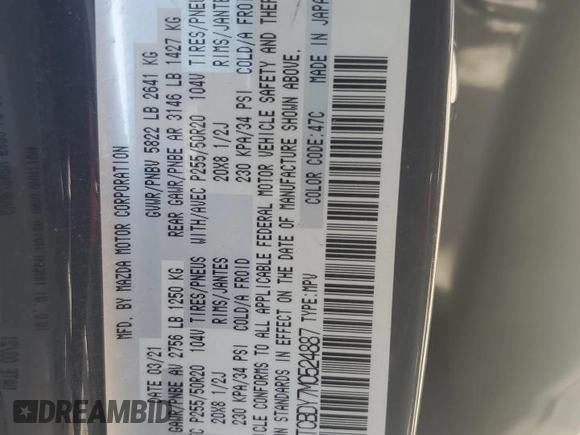 2021 Mazda CX-9 Carbon Edition with VIN JM3TCBDY7M0524887, listed as a Copart auction lot 55016555 with 61,934 mi miles and Salvage title. Bid and sale history available at DreamBid. Image 13.
