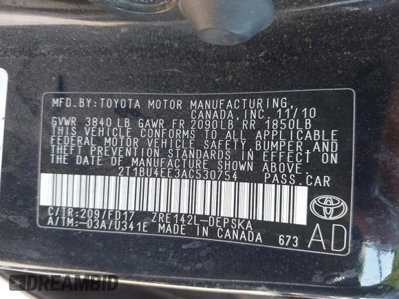 2010 Toyota Corolla with VIN 2T1BU4EE3AC530754, listed as a IAAI auction lot 42478418 with 217,969 mi miles and . Bid and sale history available at DreamBid. Image 9.