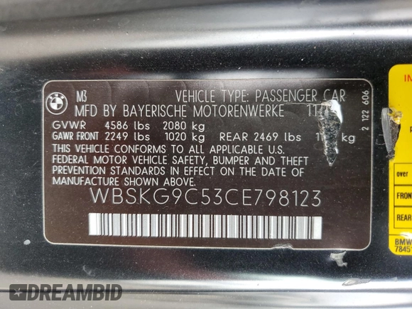 2012 BMW M3 with VIN WBSKG9C53CE798123, listed as a Copart auction lot 60464165 with 90,448 mi miles and Salvage title. Bid and sale history available at DreamBid. Image 13.
