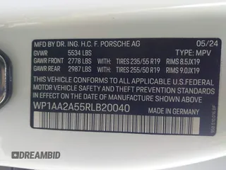 2024 Porsche Macan with VIN WP1AA2A55RLB20040, listed as a IAAI auction lot 41739587 with 8,916 mi miles and . Bid and sale history available at DreamBid. Image 9.