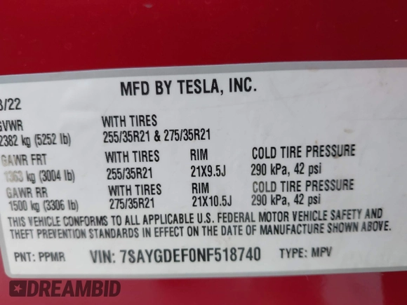 2022 Tesla Model Y Performance z VIN 7SAYGDEF0NF518740, wystawiony jako IAAI lot #41785358 z przebiegiem 50 692 mil mil oraz . Historia ofert i sprzedaży dostępna na DreamBid. Obrazek 9.