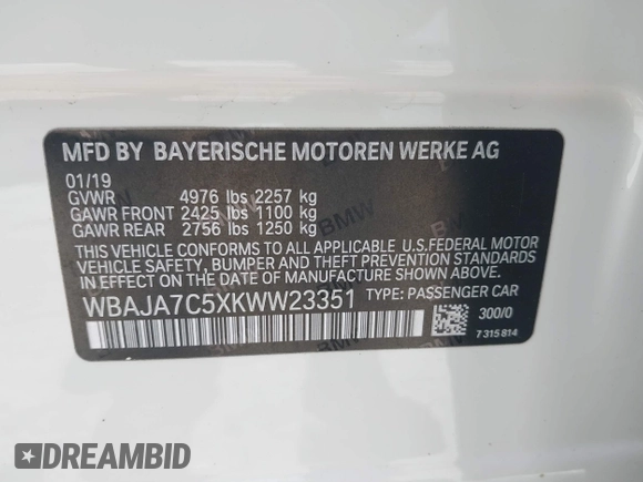 2019 BMW 5 Series 530i xDrive with VIN WBAJA7C5XKWW23351, listed as a IAAI auction lot 41760342 with 45,869 mi miles and . Bid and sale history available at carsss.com. Image 9.