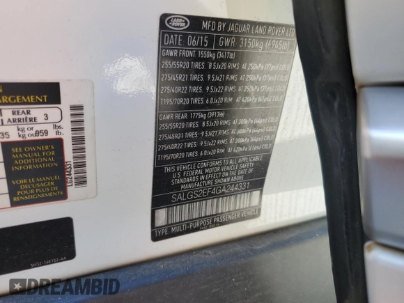 2016 Land Rover Range Rover Supercharged with VIN SALGS2EF4GA244331, listed as a Copart auction lot 54843275 with 154,892 mi miles and Clean title. Bid and sale history available at DreamBid. Image 13.