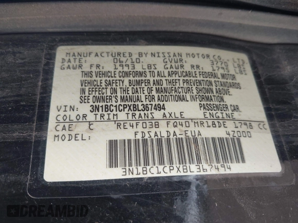 2011 Nissan Versa S z VIN 3N1BC1CPXBL367494, wystawiony jako IAAI lot #42139373 z przebiegiem 151 019 mil mil oraz . Historia ofert i sprzedaży dostępna na DreamBid. Obrazek 9.