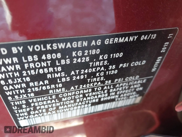 2013 Volkswagen Tiguan S with VIN WVGAV3AX1DW098392, listed as a IAAI auction lot 41420676 with 75,279 mi miles and . Bid and sale history available at DreamBid. Image 9.