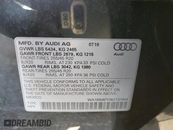 2019 Audi Q5 Premium Plus with VIN WA1BNAFY3K2137464, listed as a Copart auction lot 70024962 with 27,468 mi miles. Bid and sale history available at carsss.com. Image 13.