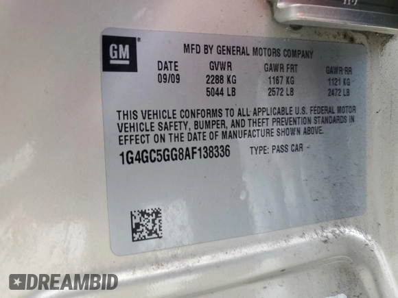 2010 Buick LaCrosse CXL with VIN 1G4GC5GG8AF138336, listed as a Copart auction lot 60421425 with 124,398 mi miles and Salvage title. Bid and sale history available at DreamBid. Image 12.