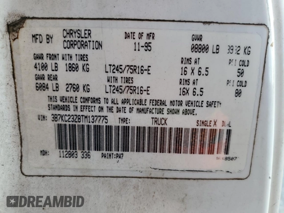 1996 Dodge Ram 2500 with VIN 3B7KC23Z8TM137775, listed as a Copart auction lot 88489635 with 190,492 mi miles and Salvage Title. Bid and sale history available at carsss.com. Image 13.