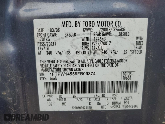 2006 Ford F-150 XLT with VIN 1FTPW14556FB09374, listed as a Copart auction lot 50891265 with 155,010 mi miles and Clean Title. Bid and sale history available at carsss.com. Image 12.