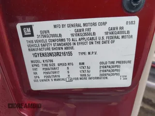 2003 Cadillac Escalade с VIN 1GYEK63N53R216155, выставлен на аукционе IAAI как лот 42544954 с пробегом 188 257 миль миль и . История ставок и продаж доступна на DreamBid. Изображение 9.