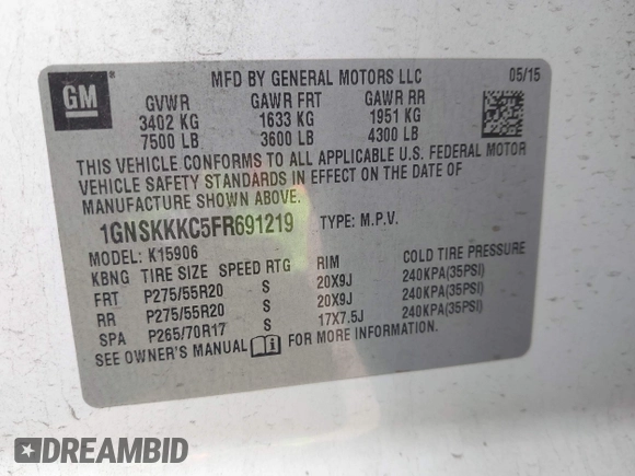 2015 Chevrolet Suburban LTZ with VIN 1GNSKKKC5FR691219, listed as a IAAI auction lot 41921973 with 169,119 mi miles and . Bid and sale history available at DreamBid. Image 9.