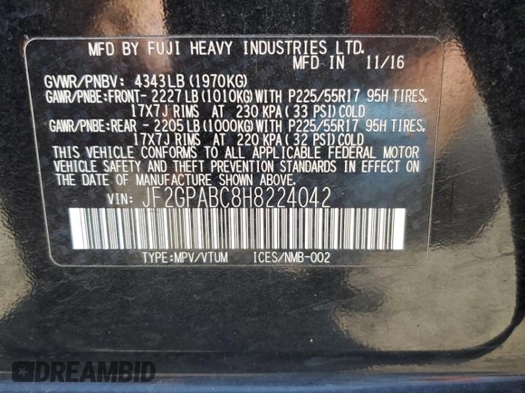 2017 Subaru Crosstrek Premium with VIN JF2GPABC8H8224042, listed as a Copart auction lot 57530405 with 106,926 mi miles and Salvage title. Bid and sale history available at DreamBid. Image 13.