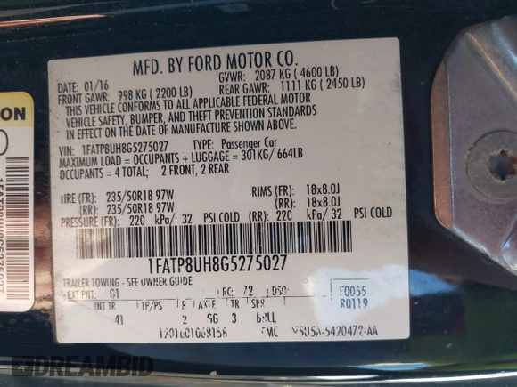 2016 Ford Mustang EcoBoost Premium with VIN 1FATP8UH8G5275027, listed as a IAAI auction lot 41634404 with 92,281 mi miles and . Bid and sale history available at carsss.com. Image 9.