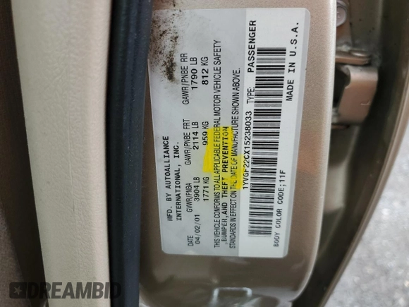 2001 Mazda 626 LX z VIN 1YVGF22CX15238033, wystawiony jako Copart lot #47245985 z przebiegiem 91 735 mil mil oraz Szkoda całkowita • Salvage title. Historia ofert i sprzedaży dostępna na DreamBid. Obrazek 12.