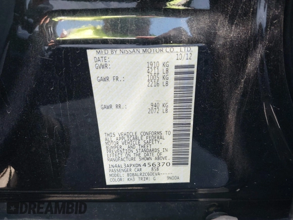 2013 Nissan Altima SL with VIN 1N4AL3APXDN456370, listed as a IAAI auction lot 42257489 with 172,491 mi miles and . Bid and sale history available at DreamBid. Image 9.