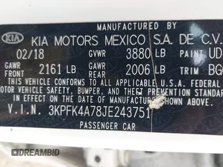 2018 Kia Forte LX with VIN 3KPFK4A78JE243751, listed as a IAAI auction lot 41907111 with 101,729 mi miles. Bid and sale history available at carsss.com. Image 9.