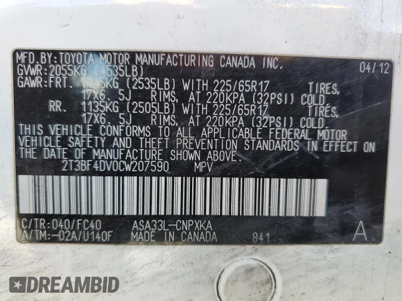 2012 Toyota RAV4 with VIN 2T3BF4DV0CW207590, listed as a Copart auction lot 57754905 with 140,371 mi miles and Salvage title. Bid and sale history available at DreamBid. Image 14.
