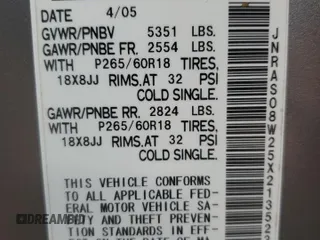 2005 Infiniti FX with VIN JNRAS08W25X213523, listed as a Copart auction lot 57257985 with 180,948 mi miles and Salvage title. Bid and sale history available at DreamBid. Image 14.
