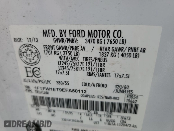 2014 Ford F-150 XL с VIN 1FTFW1ET9EFA50112, выставлен на аукционе Copart как лот 58572825 с пробегом 336 892 миль миль и На запчасти • Non repairable. История ставок и продаж доступна на DreamBid. Изображение 13.