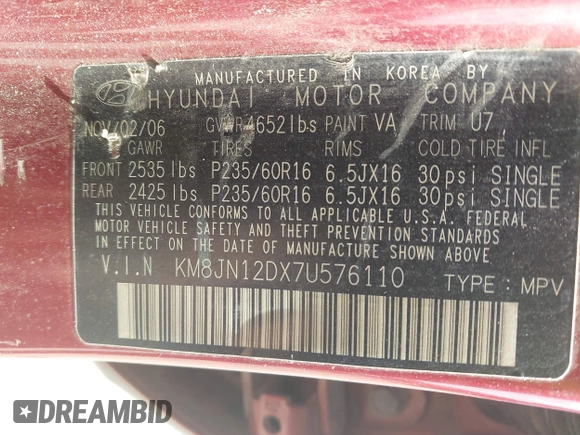 2007 Hyundai Tucson SE with VIN KM8JN12DX7U576110, listed as a IAAI auction lot 42068434 with 147,851 mi miles. Bid and sale history available at carsss.com. Image 9.