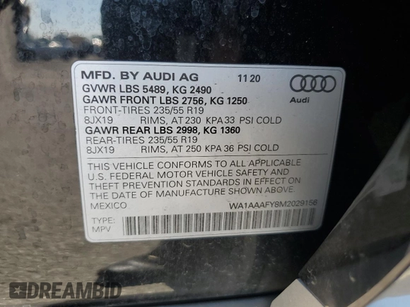 2021 Audi Q5 Premium with VIN WA1AAAFY8M2029156, listed as a Copart auction lot 60519755 with 29,713 mi miles and Salvage title. Bid and sale history available at DreamBid. Image 13.