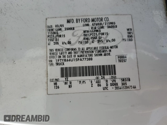 2005 Ford Ranger XLT z VIN 1FTYR44U15PA77388, wystawiony jako Copart lot #47502505 z przebiegiem 153 089 mil mil oraz Czysty tytuł • Clean title. Historia ofert i sprzedaży dostępna na DreamBid. Obrazek 12.