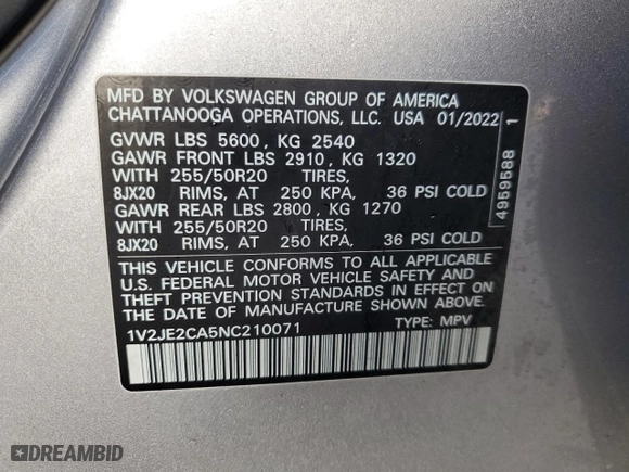 2022 Volkswagen Atlas Cross Sport 3.6L V6 SE w/Technology with VIN 1V2JE2CA5NC210071, listed as a Copart auction lot 43005545 with 29,665 mi miles and Salvage Title. Bid and sale history available at carsss.com. Image 13.