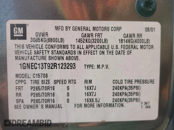 2002 Chevrolet Tahoe LS with VIN 1GNEC13T92R123293, listed as a Copart auction lot 46372295 with 251,320 mi miles and Salvage title. Bid and sale history available at DreamBid. Image 15.